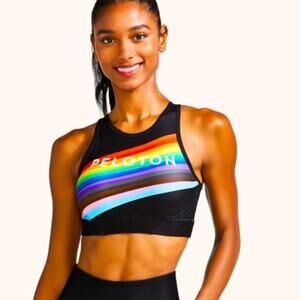 NEW Peloton x WITH Pride Flag noir Black High Neck Sports Bra mesh back large